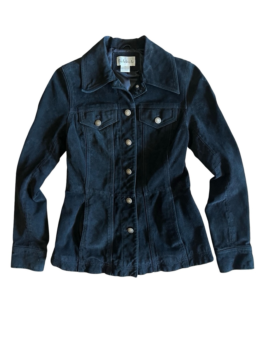 VTG Y2K Rubbish Genuine Suede Leather Button-Up Black XS Jacket Pockets 2000s